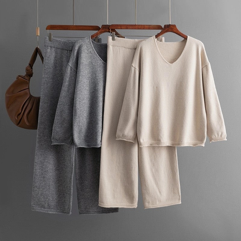 Relaxed V-Neck Solid Color Sweater and Wide-Leg Pants Set