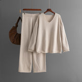 Relaxed V-Neck Solid Color Sweater and Wide-Leg Pants Set