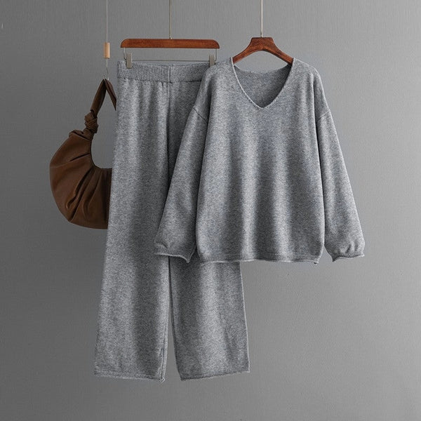 Relaxed V-Neck Solid Color Sweater and Wide-Leg Pants Set